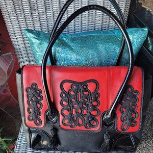 MARY NORTON ~ Frosting Matador Leather Purse Satchel Black & Red Tassels ~ NWOT